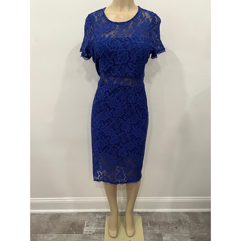 NSR Dress Womens Large Blue Floral Lace Sheath Dress Royal Blue Short Sleeve